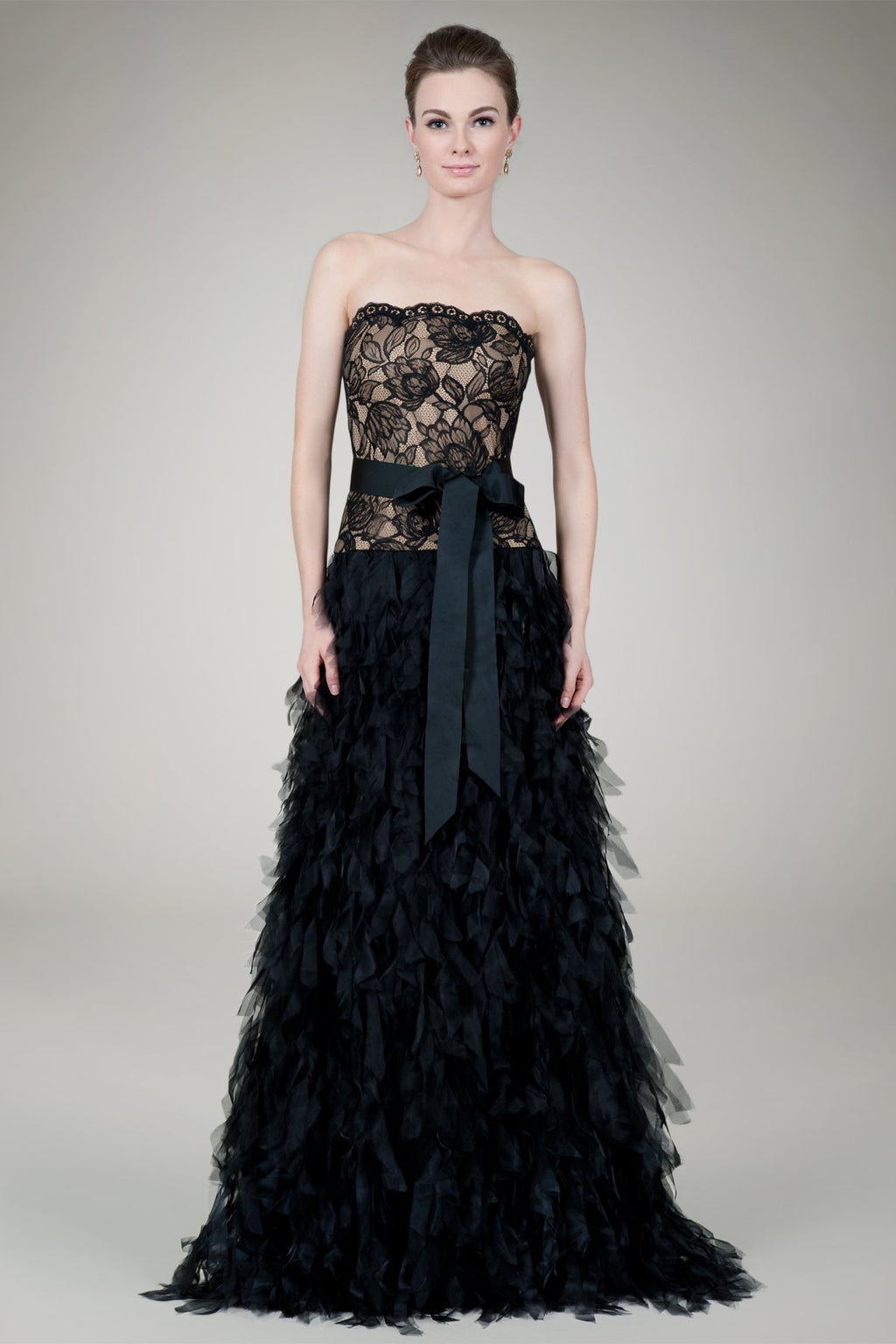 Hand Cut Organza Strapless Gown in Black / Nude