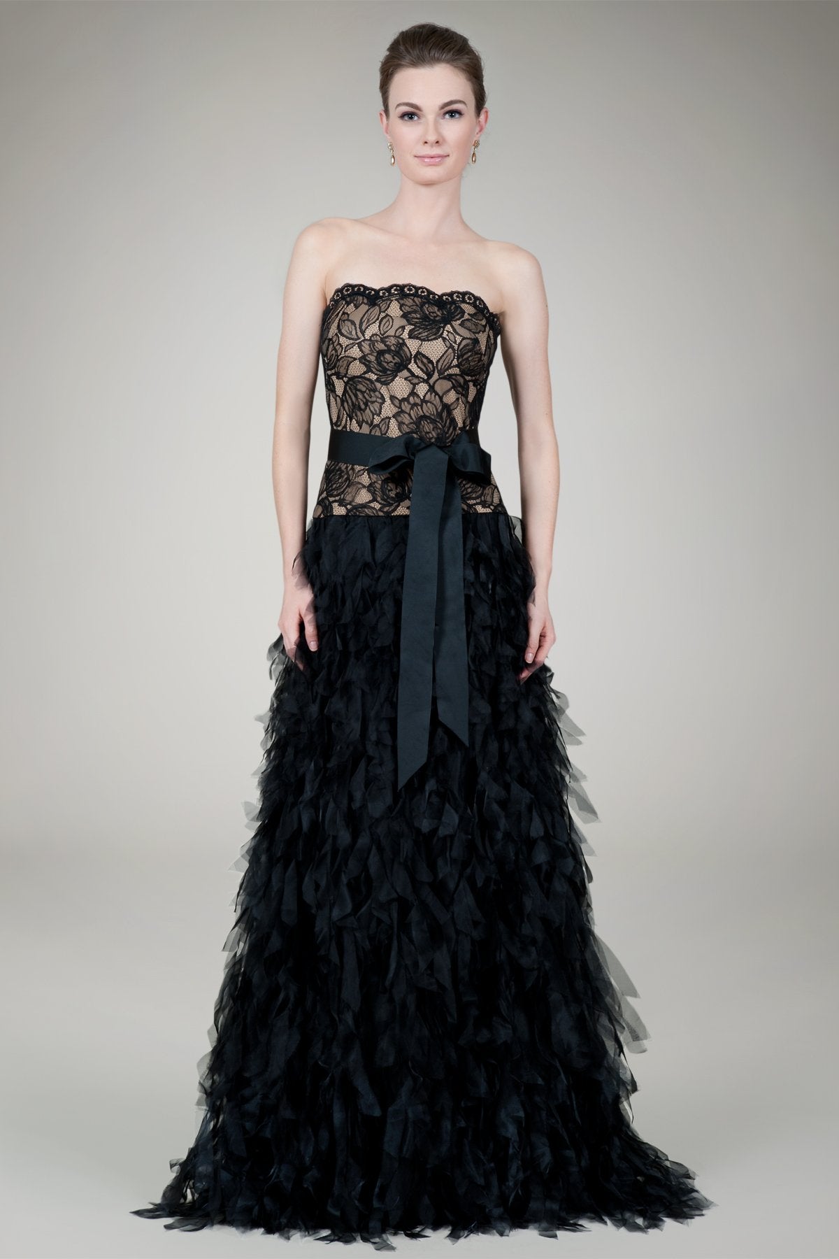 Hand Cut Organza Strapless Gown in Black / Nude