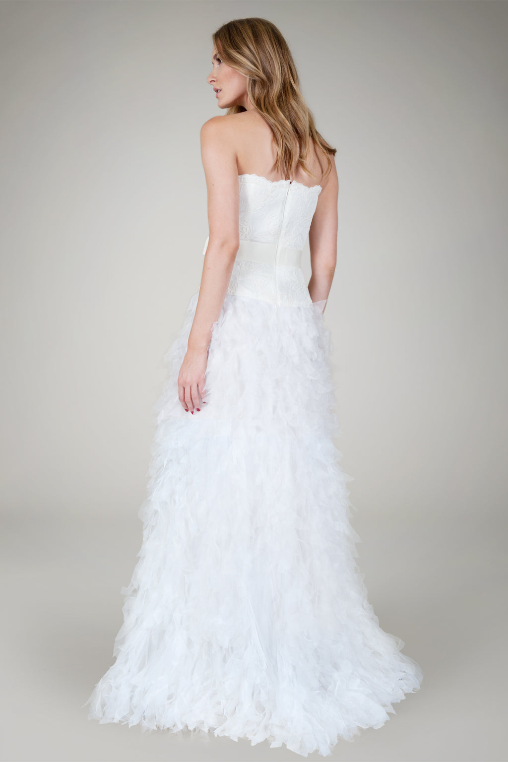 Hand Cut Organza Strapless Gown in Ivory