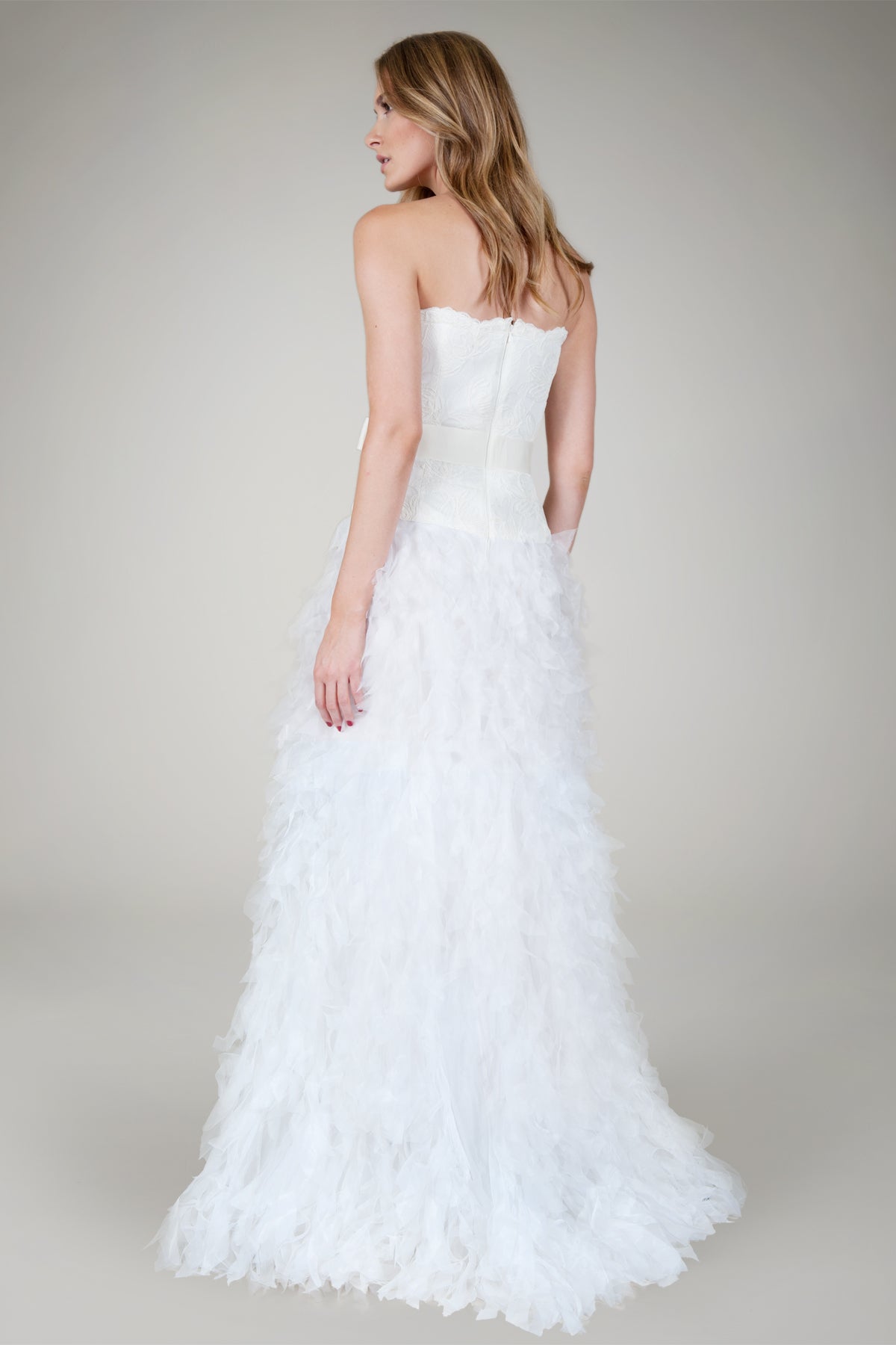 Hand Cut Organza Strapless Gown in Ivory