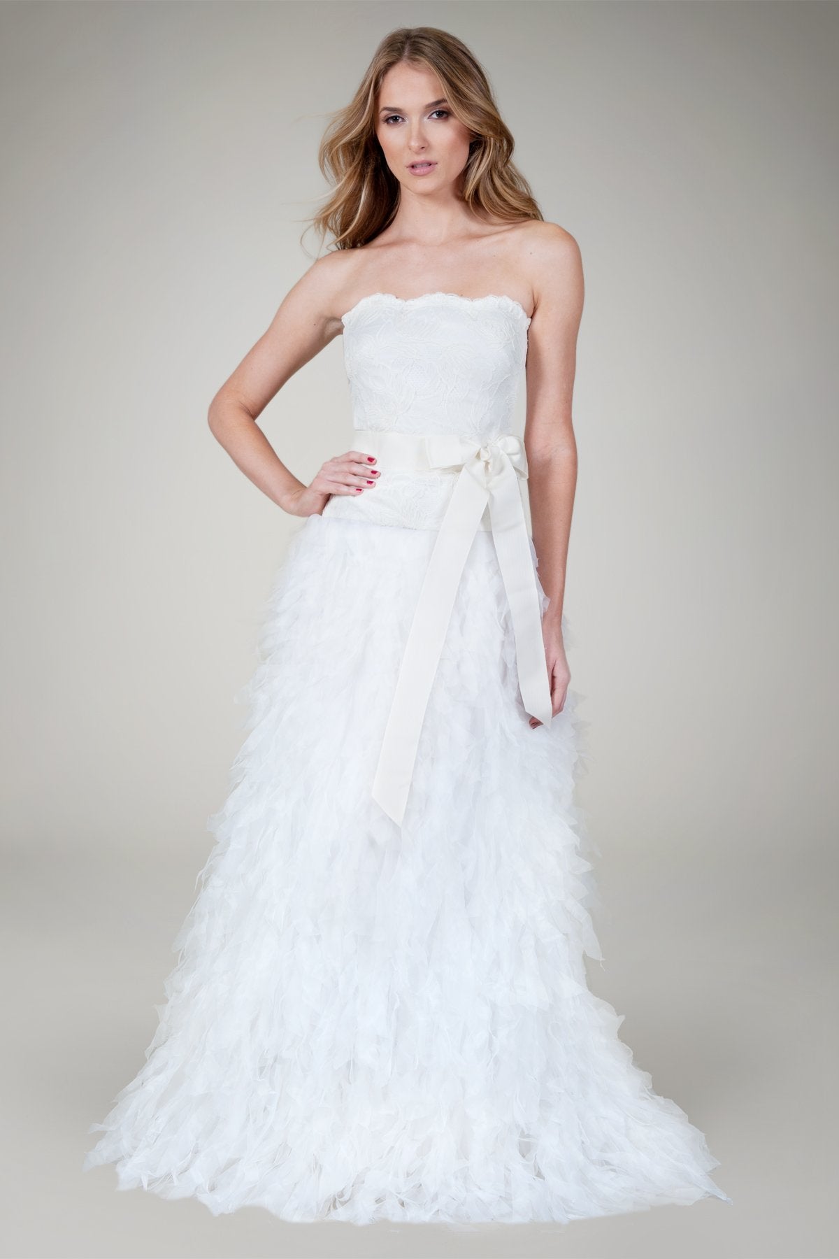 Hand Cut Organza Strapless Gown in Ivory