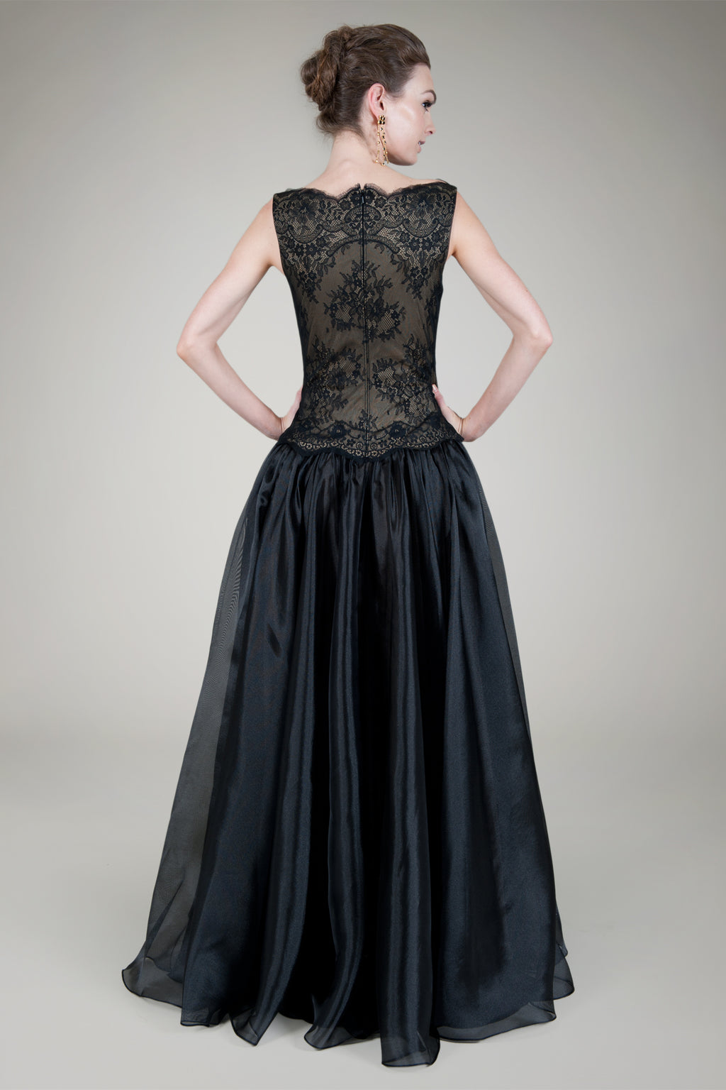 Boatneck Chantilly Lace Gown in Black / Nude