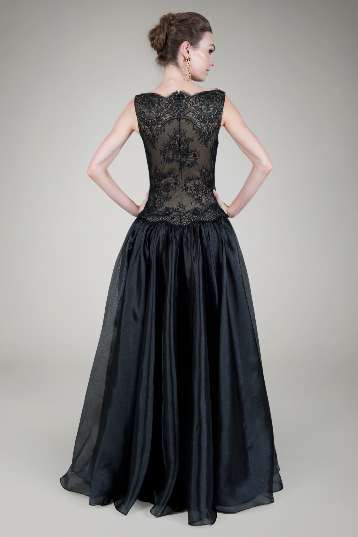 Boatneck Chantilly Lace Gown in Black / Nude