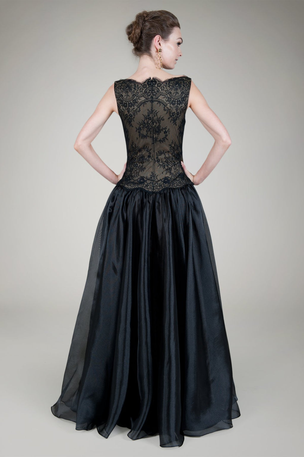 Boatneck Chantilly Lace Gown in Black / Nude