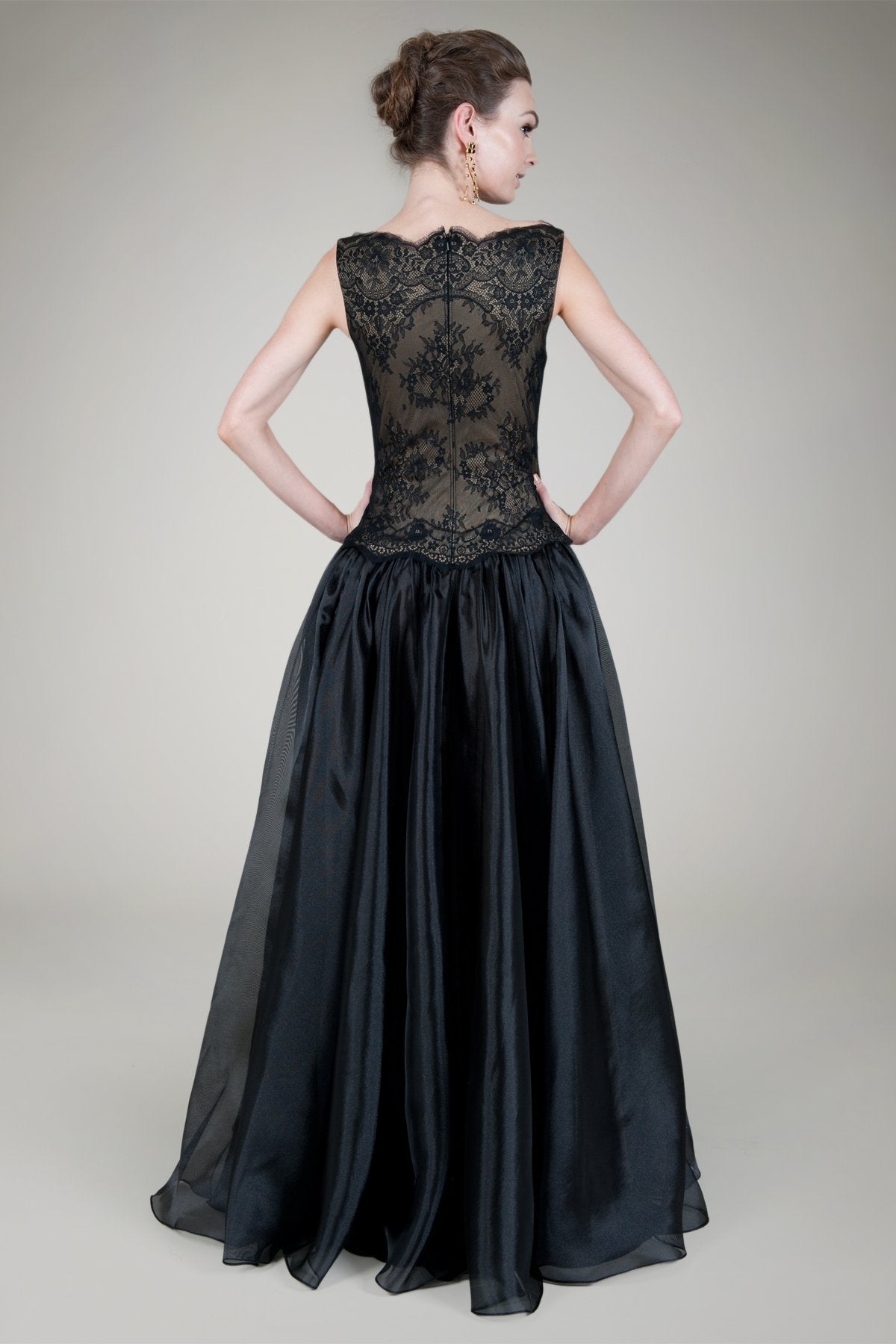 Boatneck Chantilly Lace Gown in Black / Nude