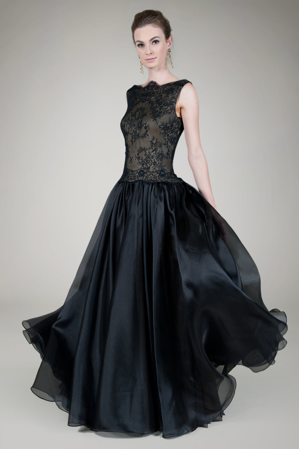 Boatneck Chantilly Lace Gown in Black / Nude