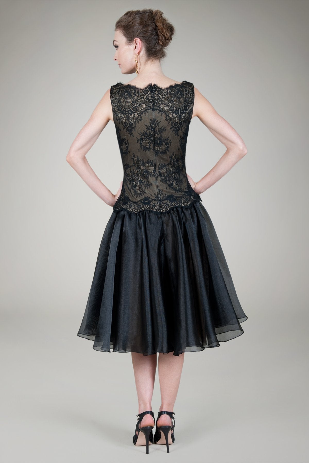 Boatneck Chantilly Lace Cocktail Dress in Black / Nude