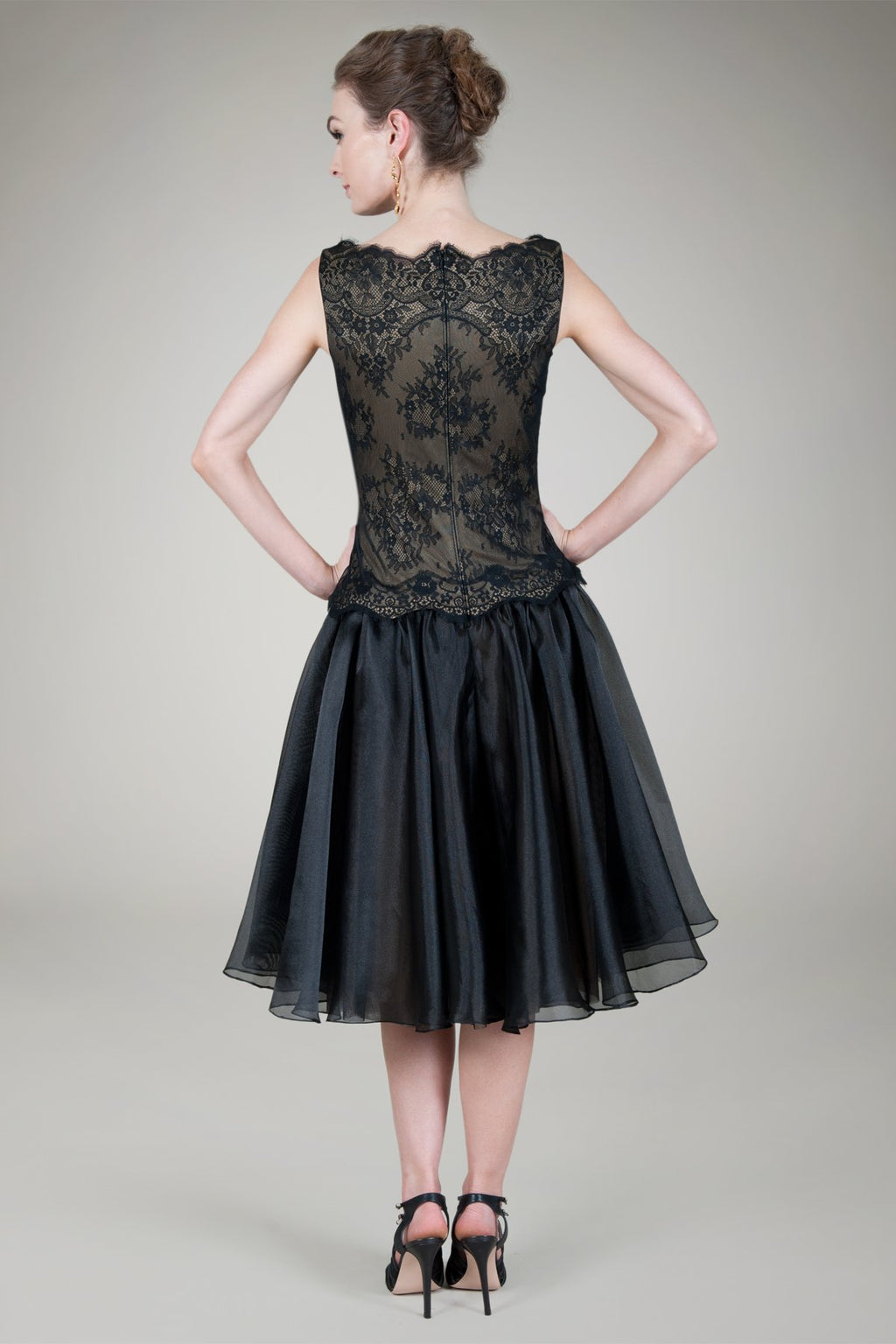 Boatneck Chantilly Lace Cocktail Dress in Black / Nude