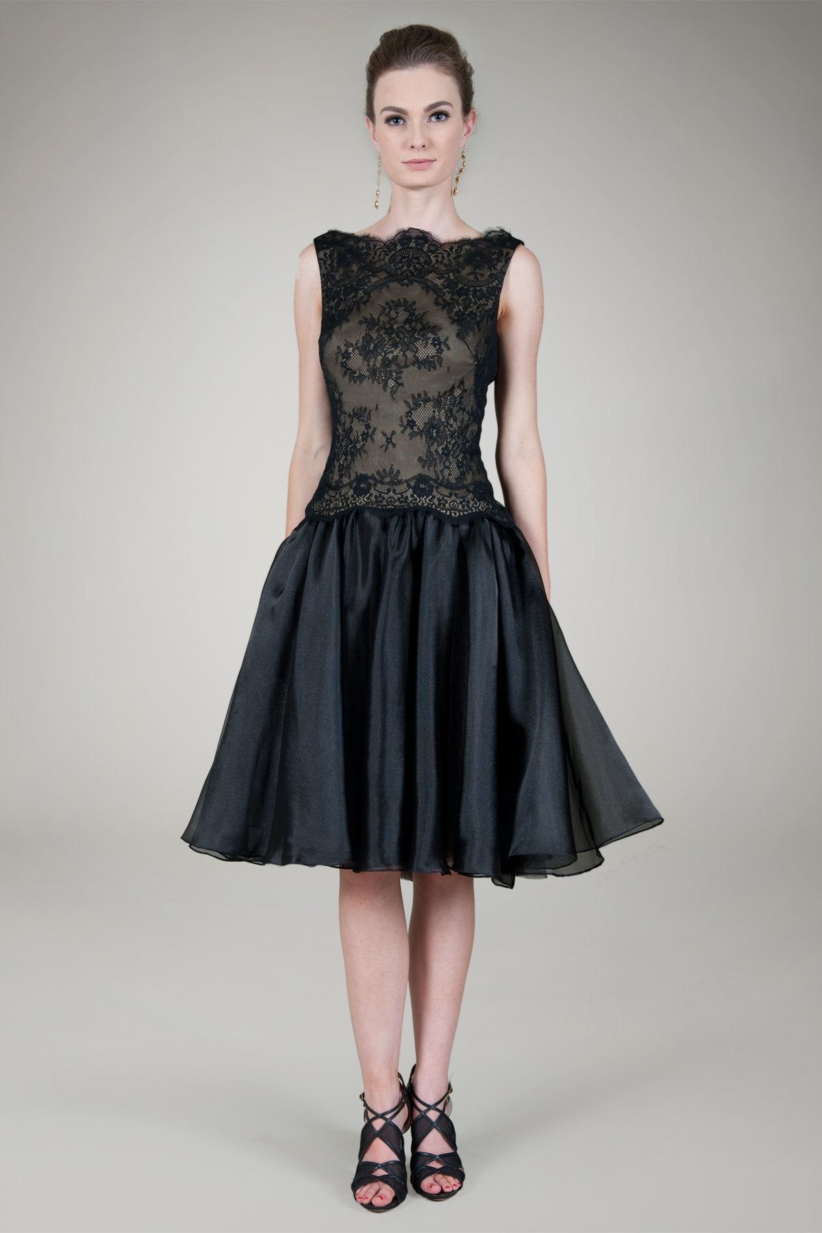 Boatneck Chantilly Lace Cocktail Dress in Black / Nude