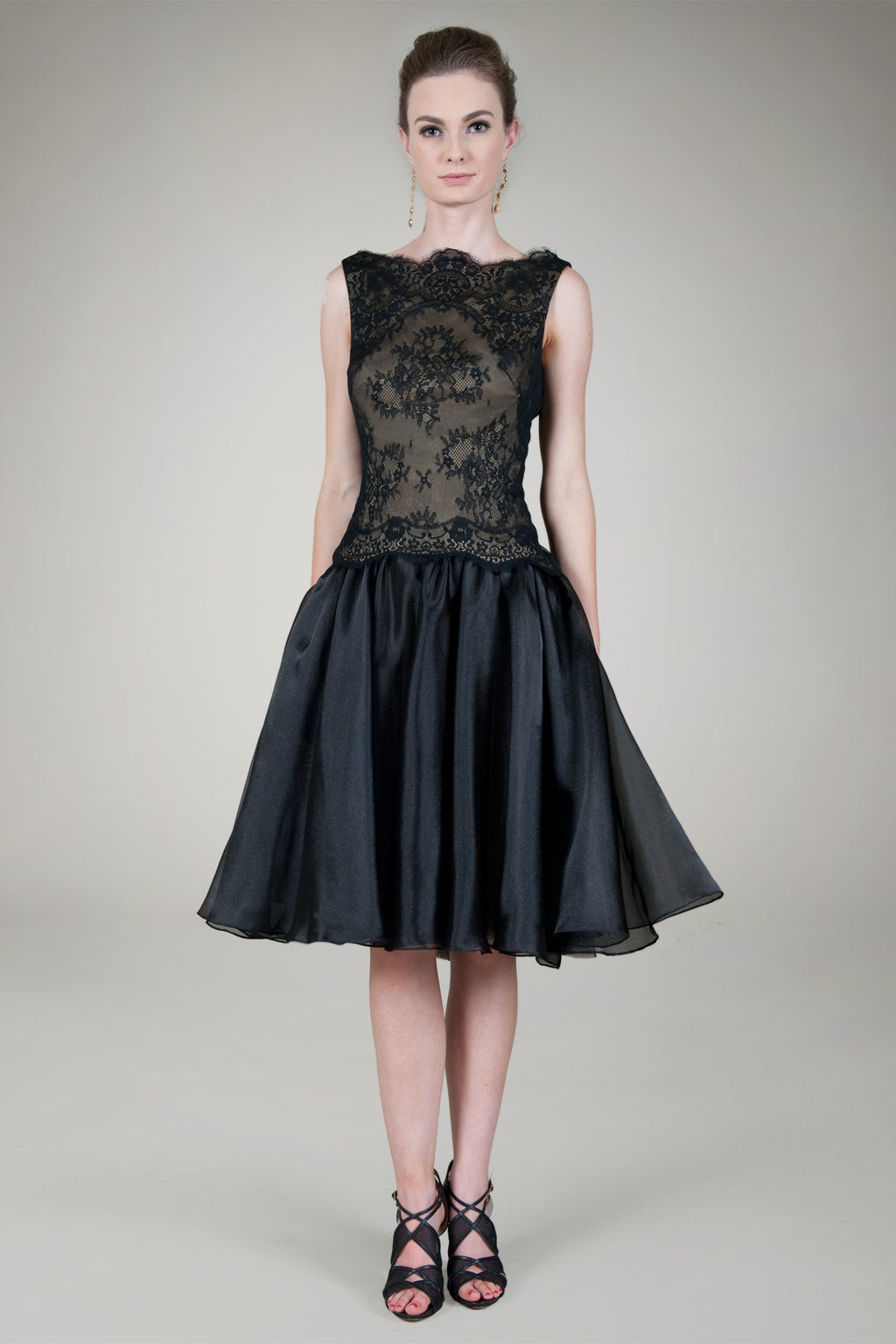 Boatneck Chantilly Lace Cocktail Dress in Black / Nude