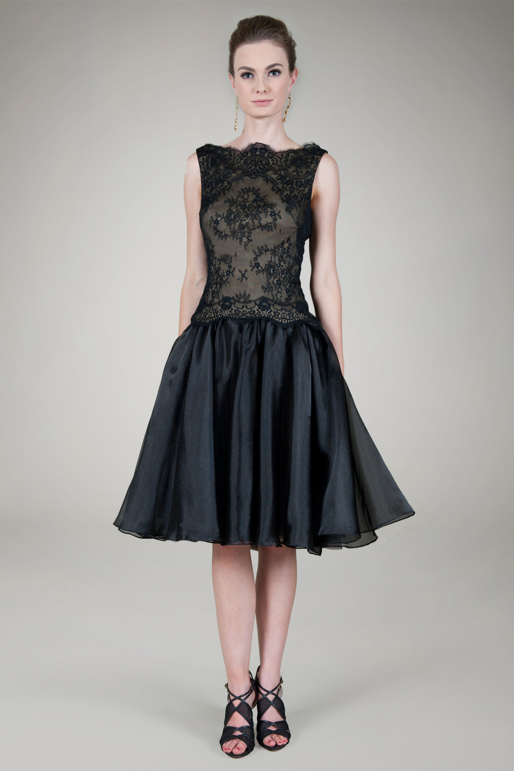 Boatneck Chantilly Lace Cocktail Dress in Black / Nude