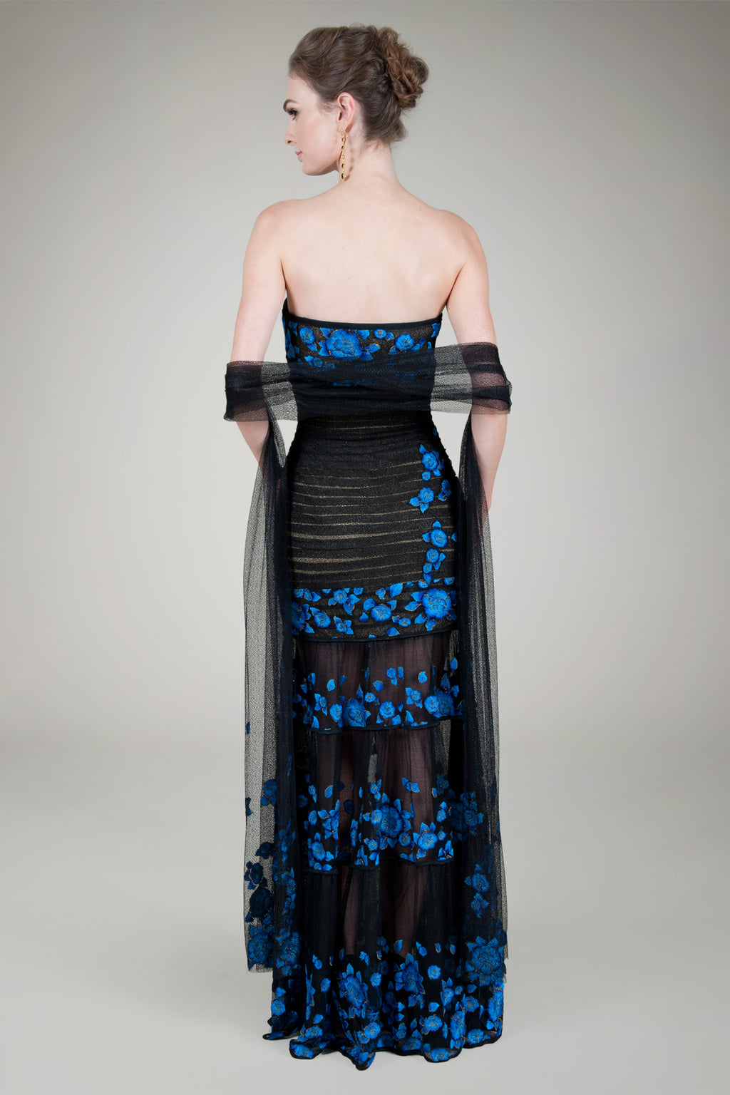 Floral Embroidered Tulle Strapless Gown in Black / Marina