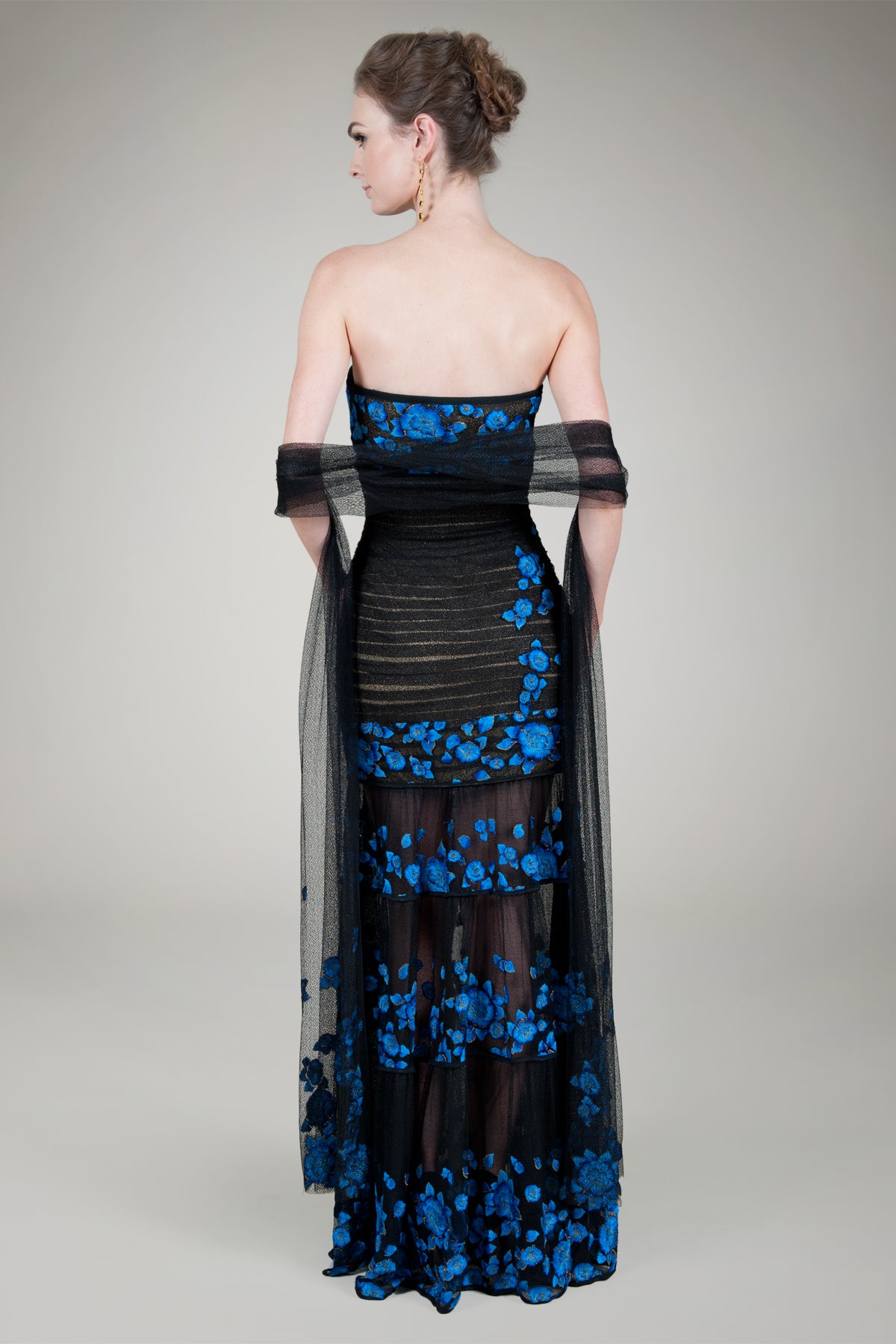Floral Embroidered Tulle Strapless Gown in Black / Marina