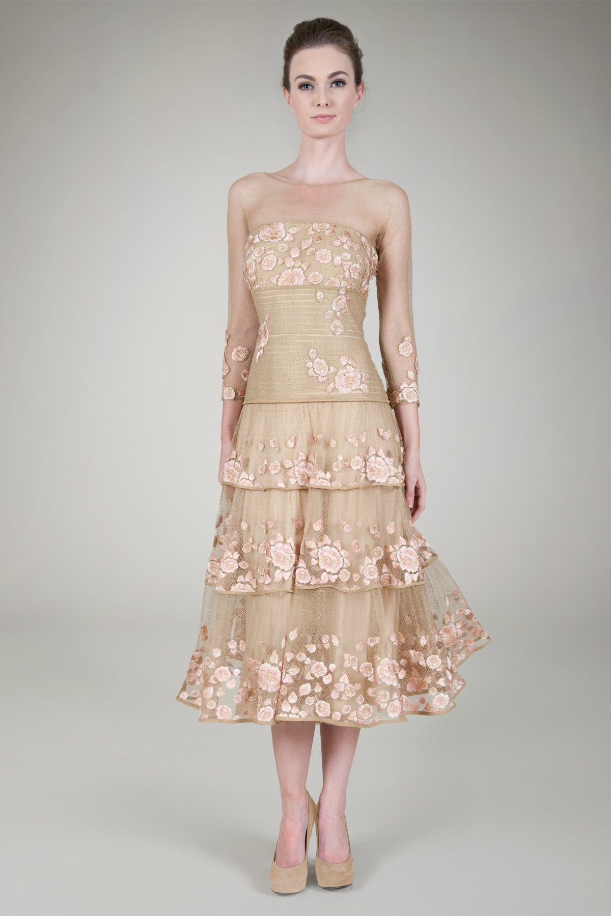 Floral Embroidered Tulle Dress in Pearl