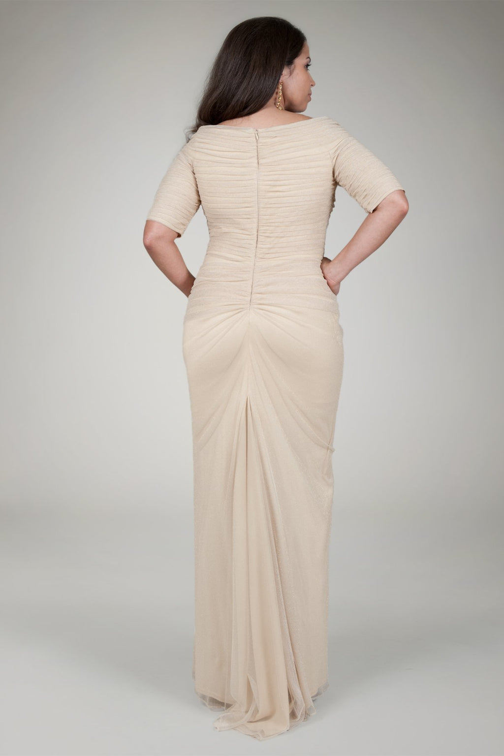 Draped Metallic Tulle Gown in Gold