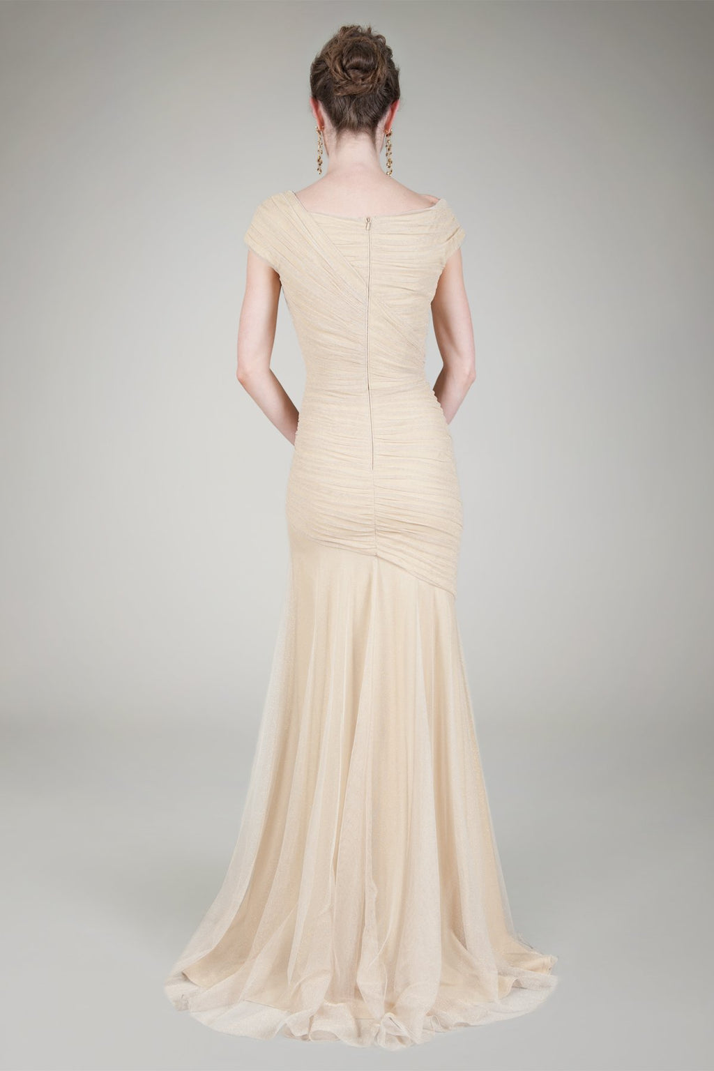 Draped Metallic Tulle Gown in Gold