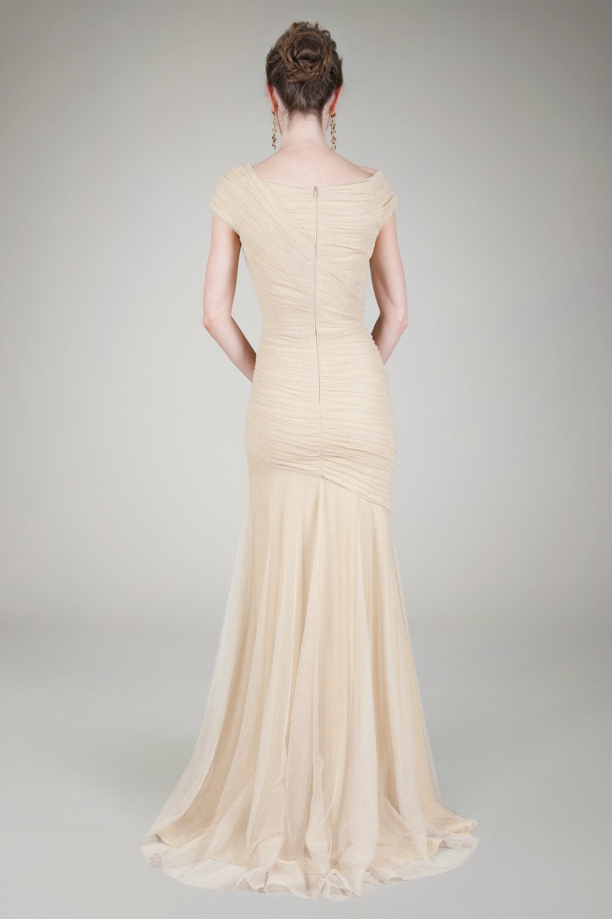 Draped Metallic Tulle Gown in Gold
