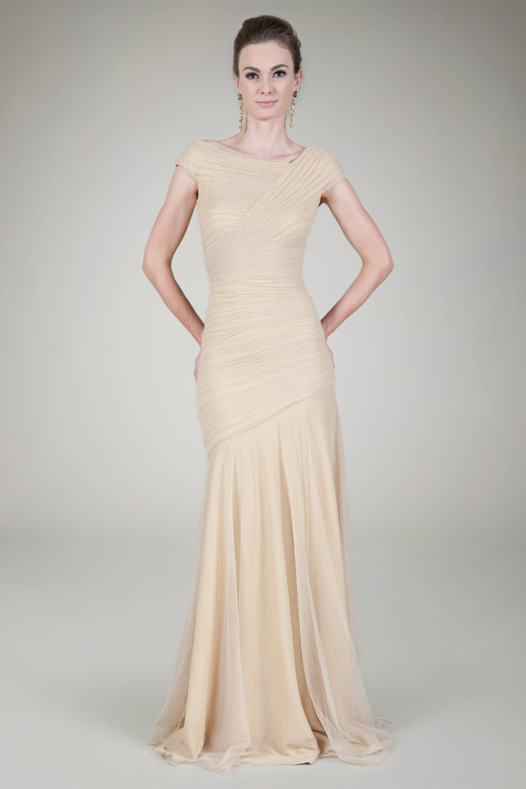 Draped Metallic Tulle Gown in Gold