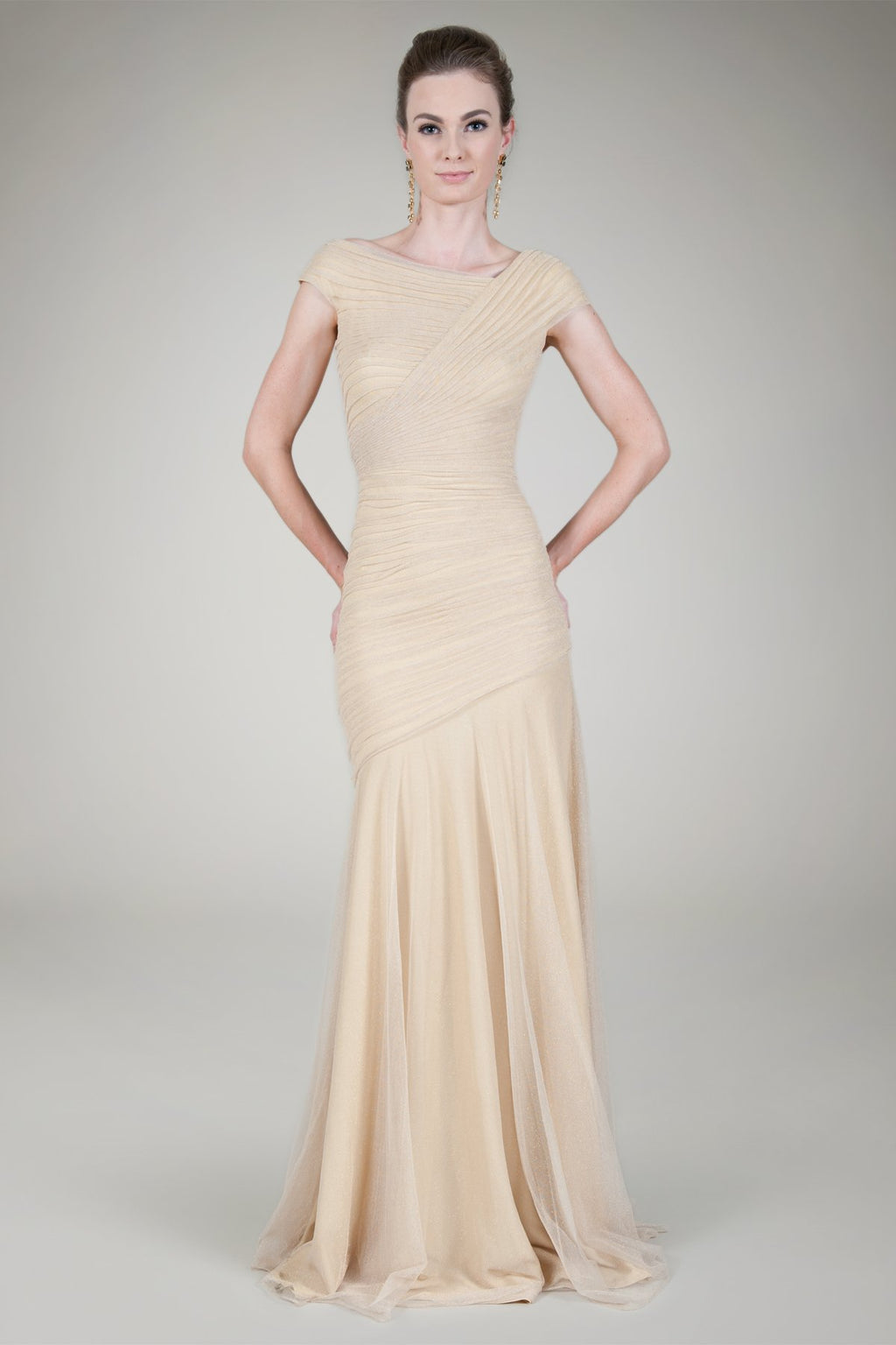 Draped Metallic Tulle Gown in Gold