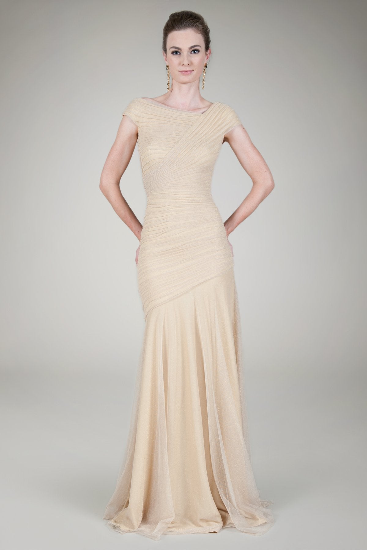 Draped Metallic Tulle Gown in Gold
