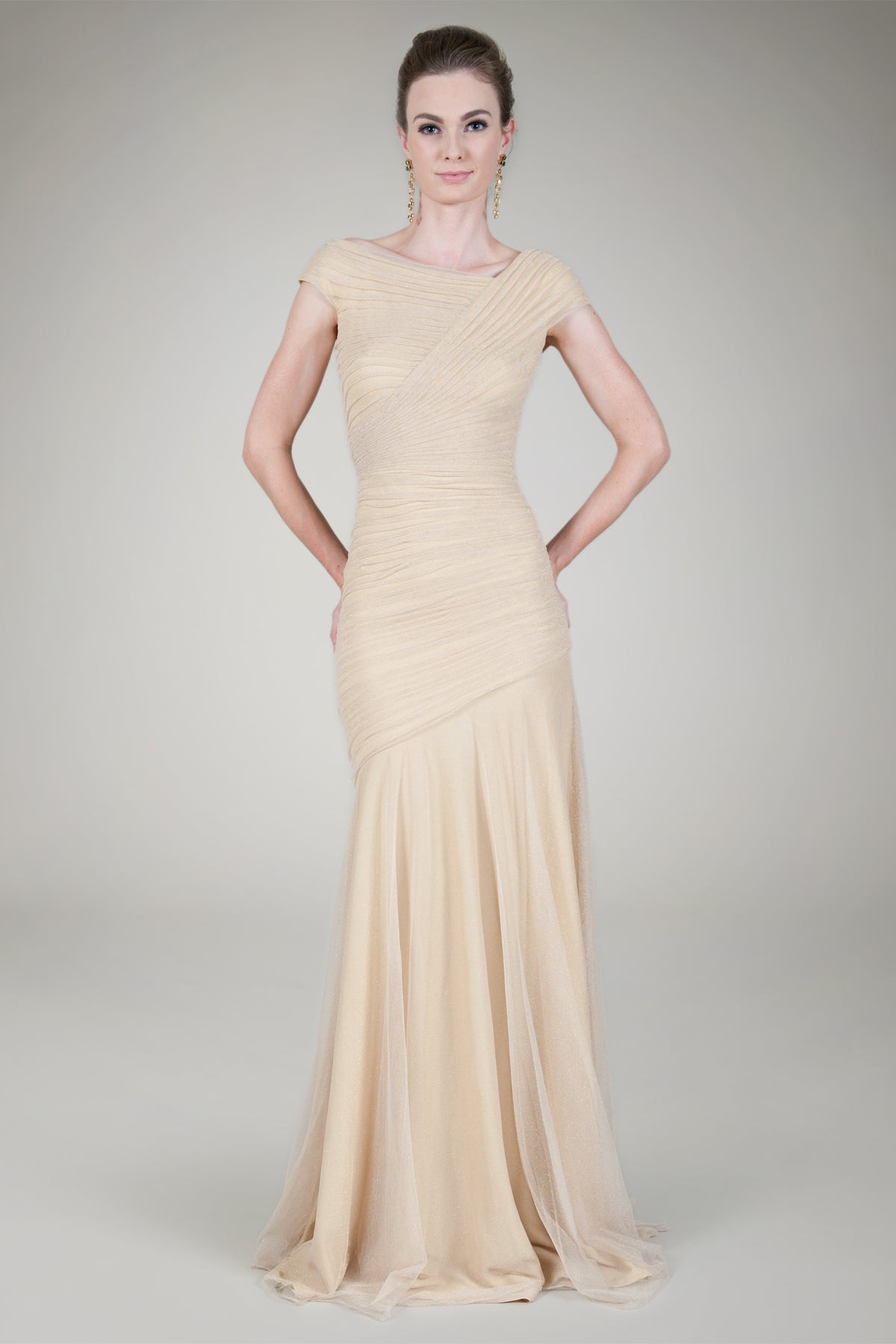 Draped Metallic Tulle Gown in Gold