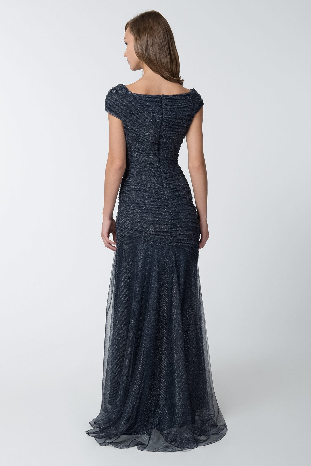 Draped Metallic Tulle Gown in Navy