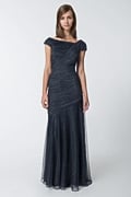 Draped Metallic Tulle Gown in Navy