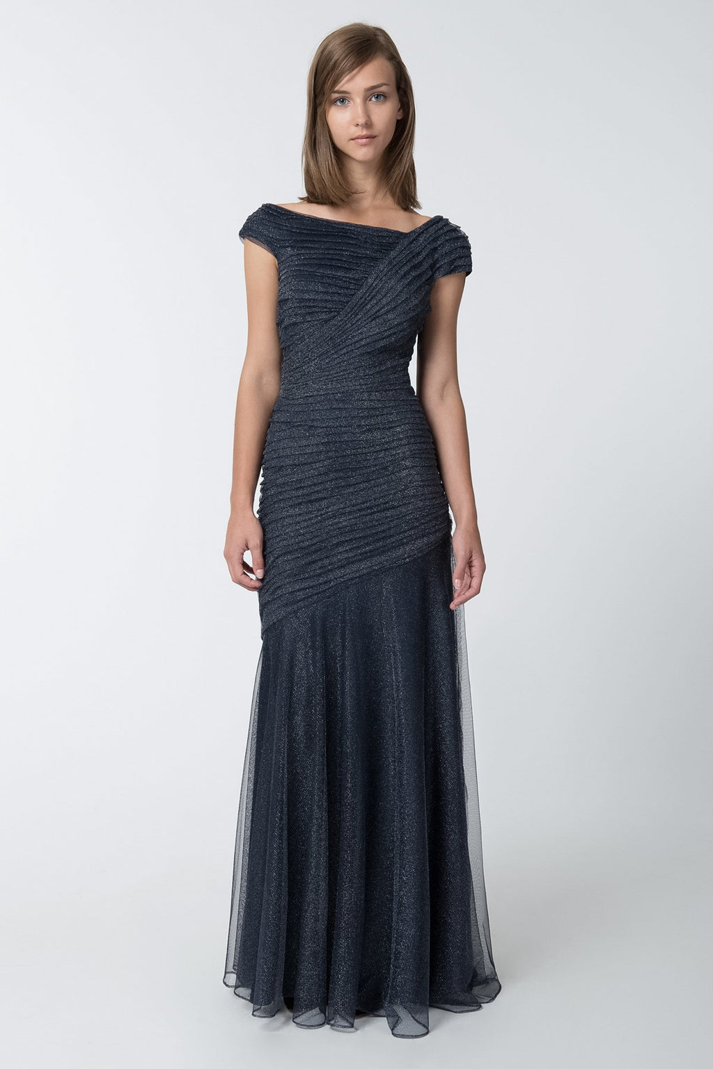 Draped Metallic Tulle Gown in Navy