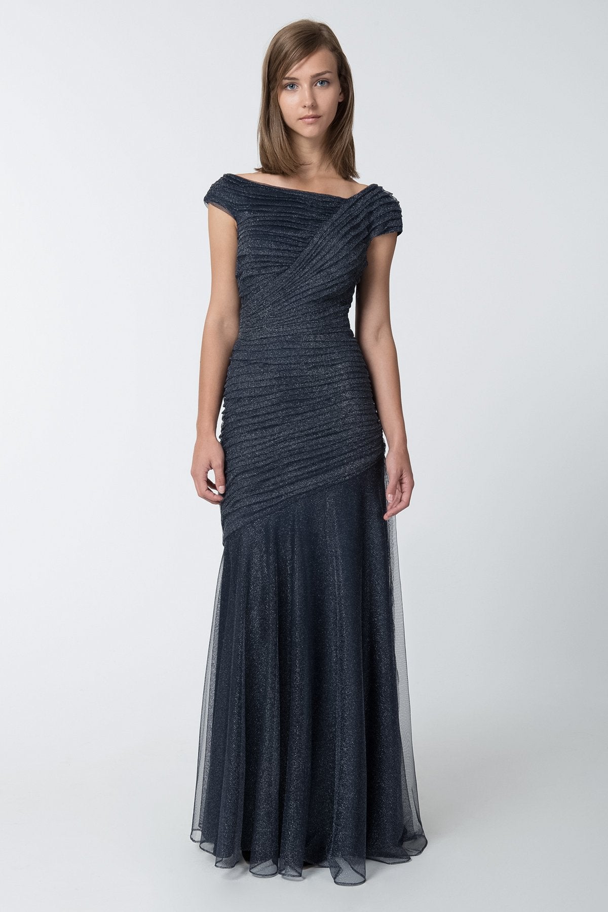 Draped Metallic Tulle Gown in Navy