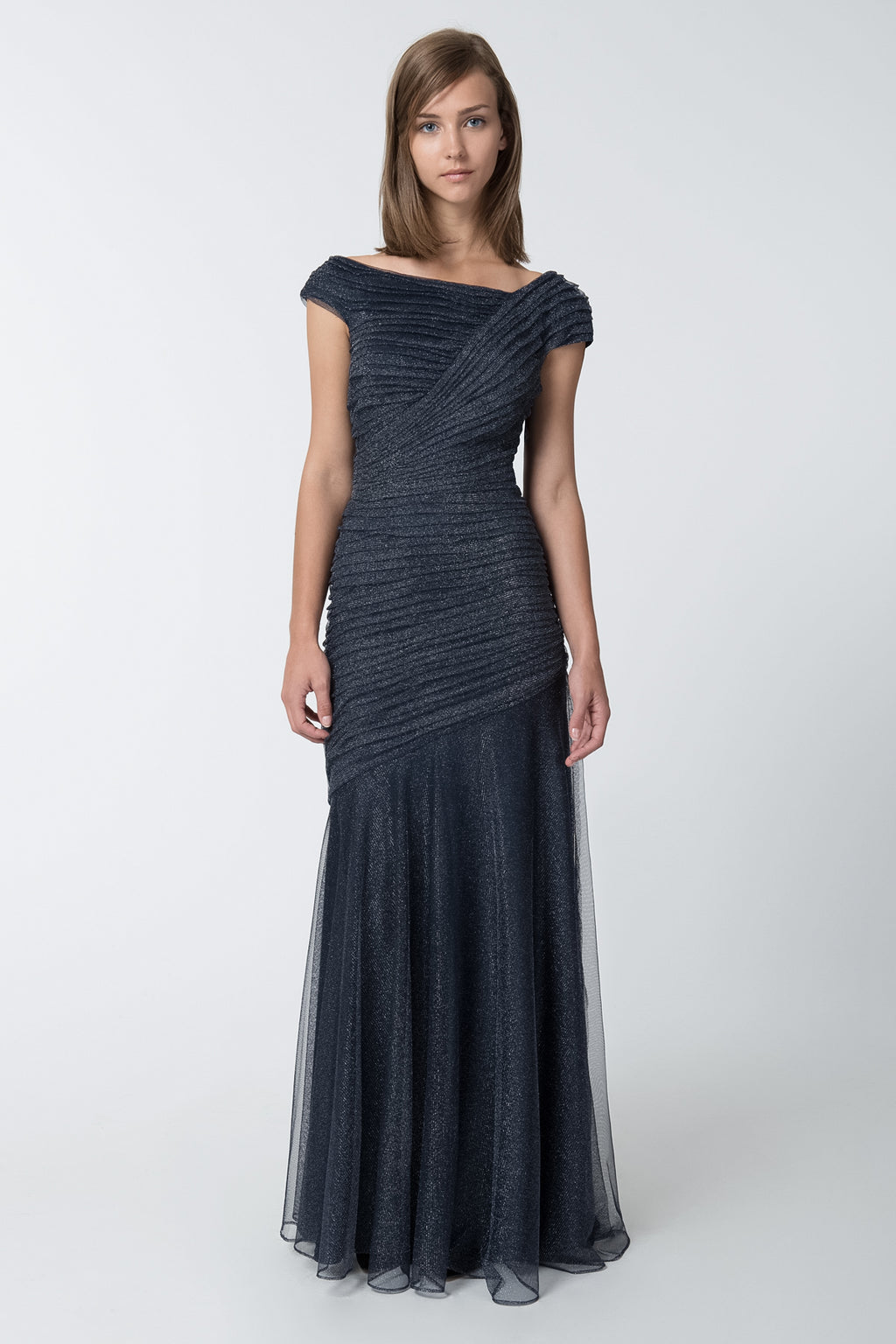Draped Metallic Tulle Gown in Navy