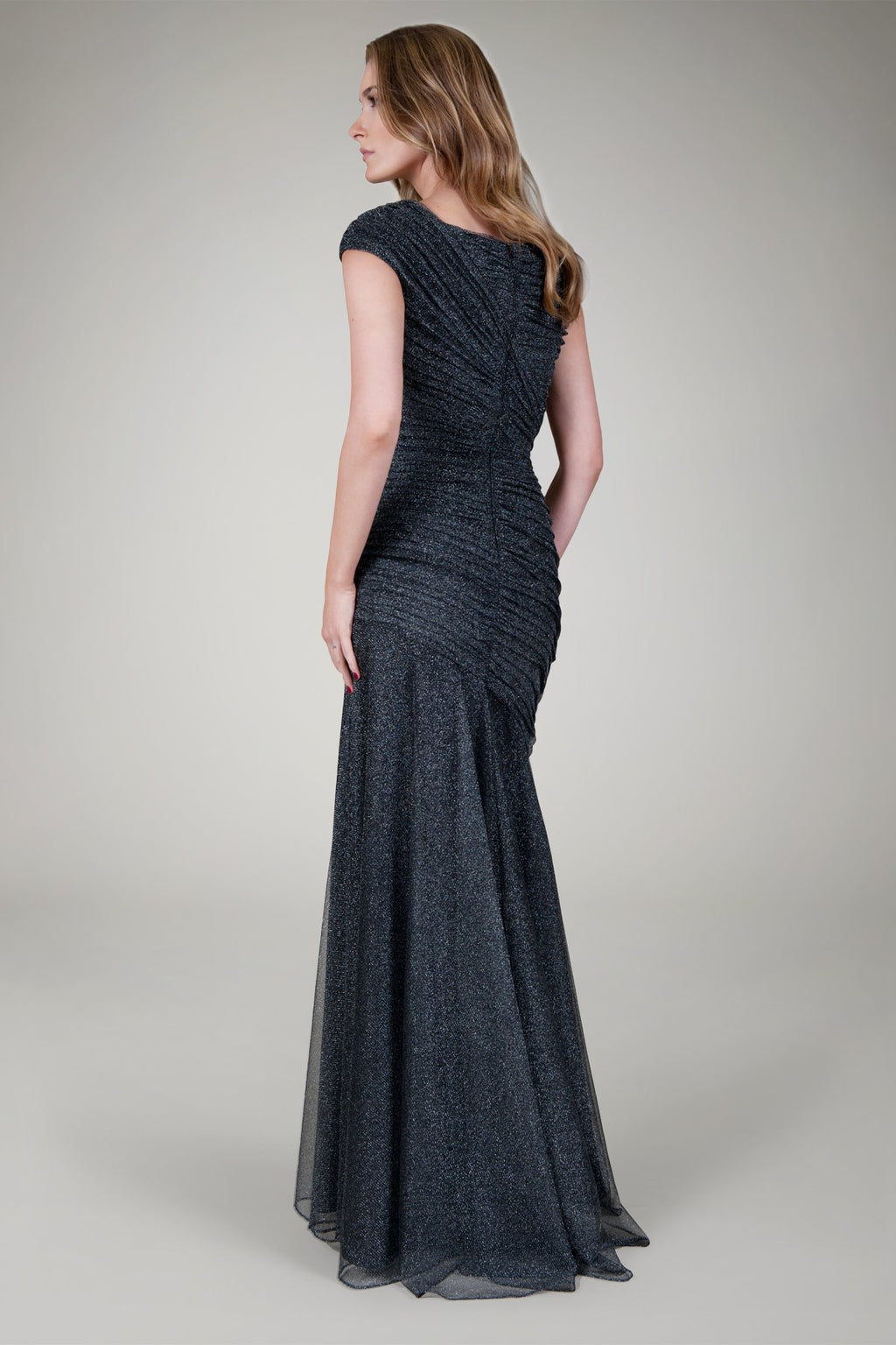 Draped Metallic Tulle Gown in Pewter