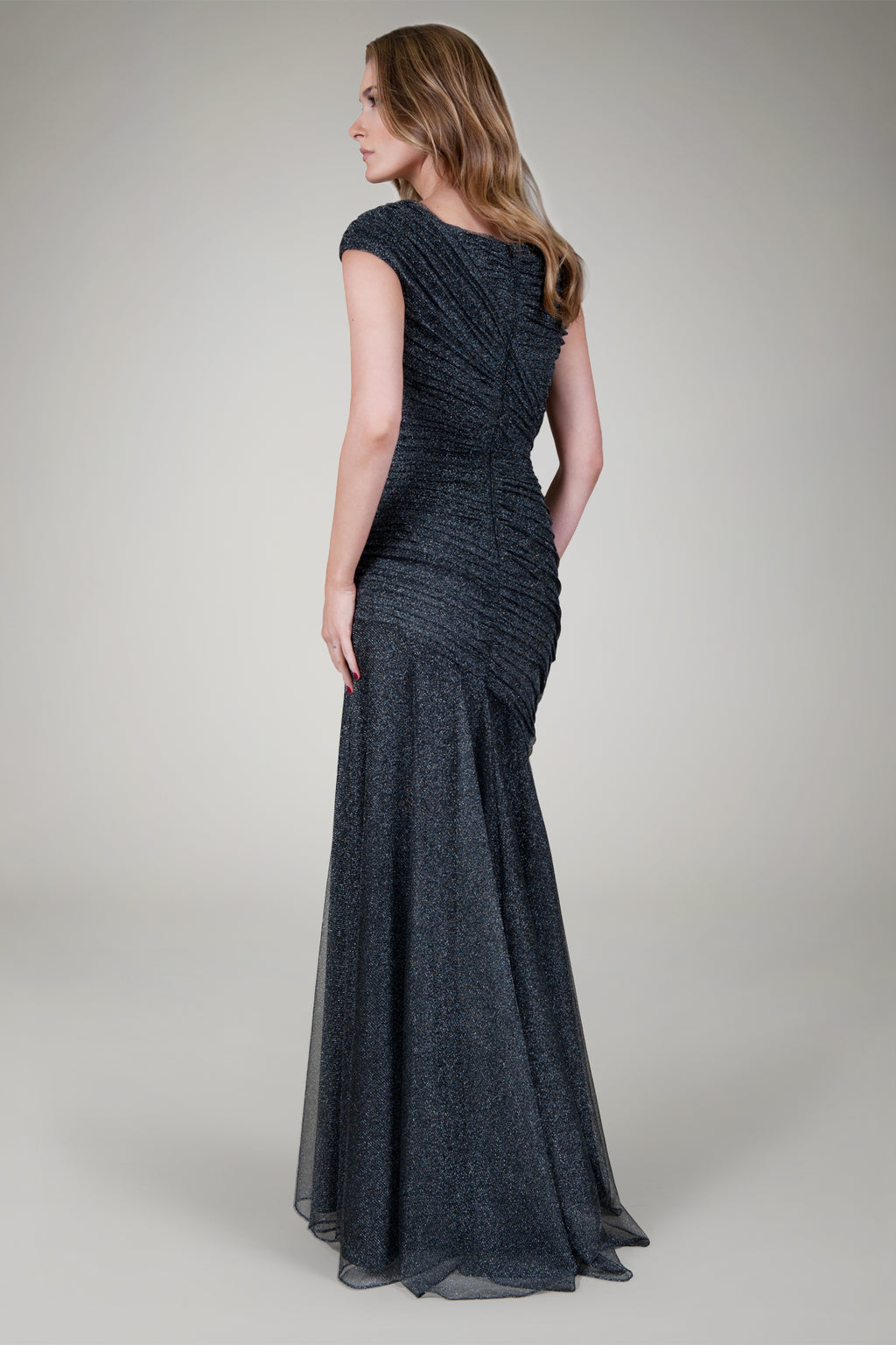 Draped Metallic Tulle Gown in Pewter