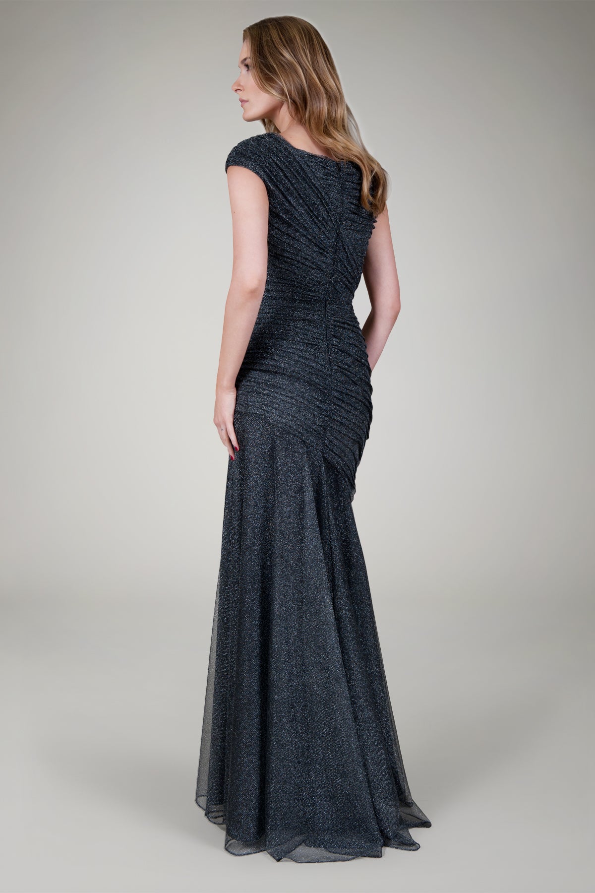 Draped Metallic Tulle Gown in Pewter