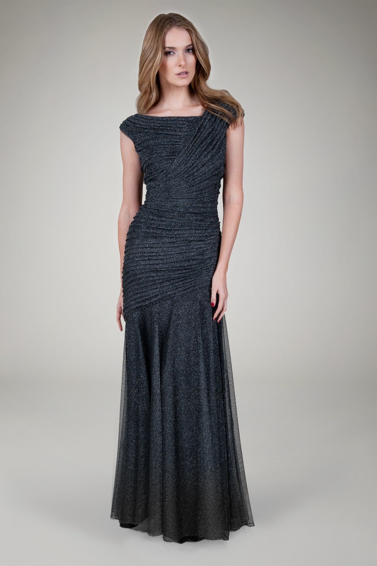Draped Metallic Tulle Gown in Pewter
