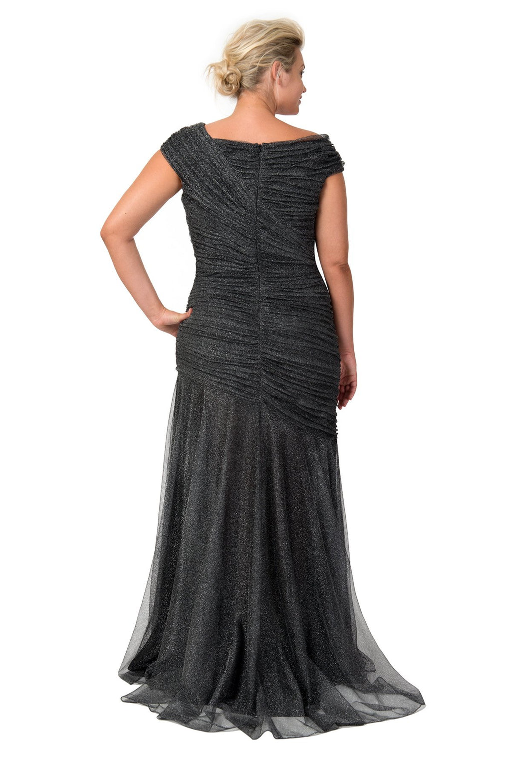 Draped Metallic Tulle Gown in Pewter - PLUS SIZE