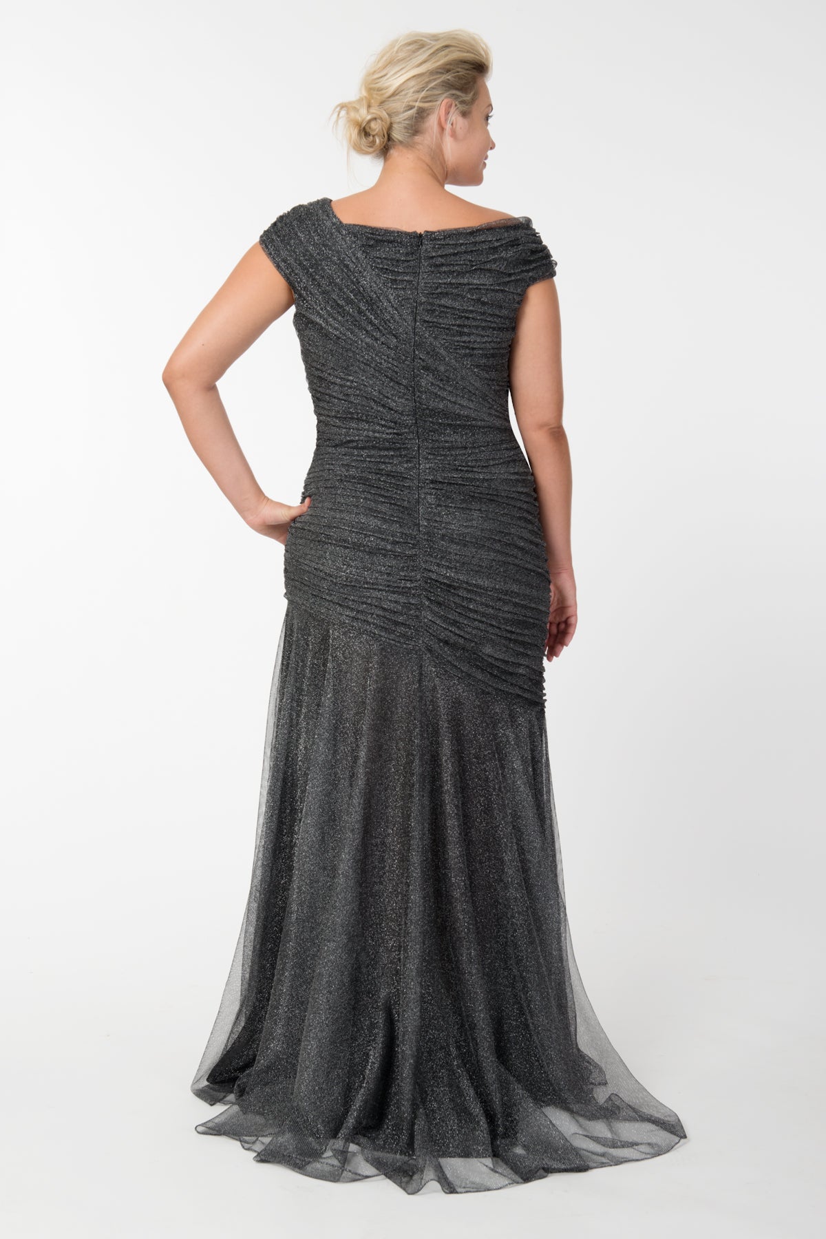 Draped Metallic Tulle Gown in Pewter - PLUS SIZE