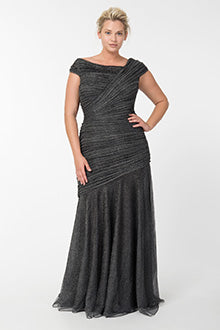Draped Metallic Tulle Gown in Pewter - PLUS SIZE