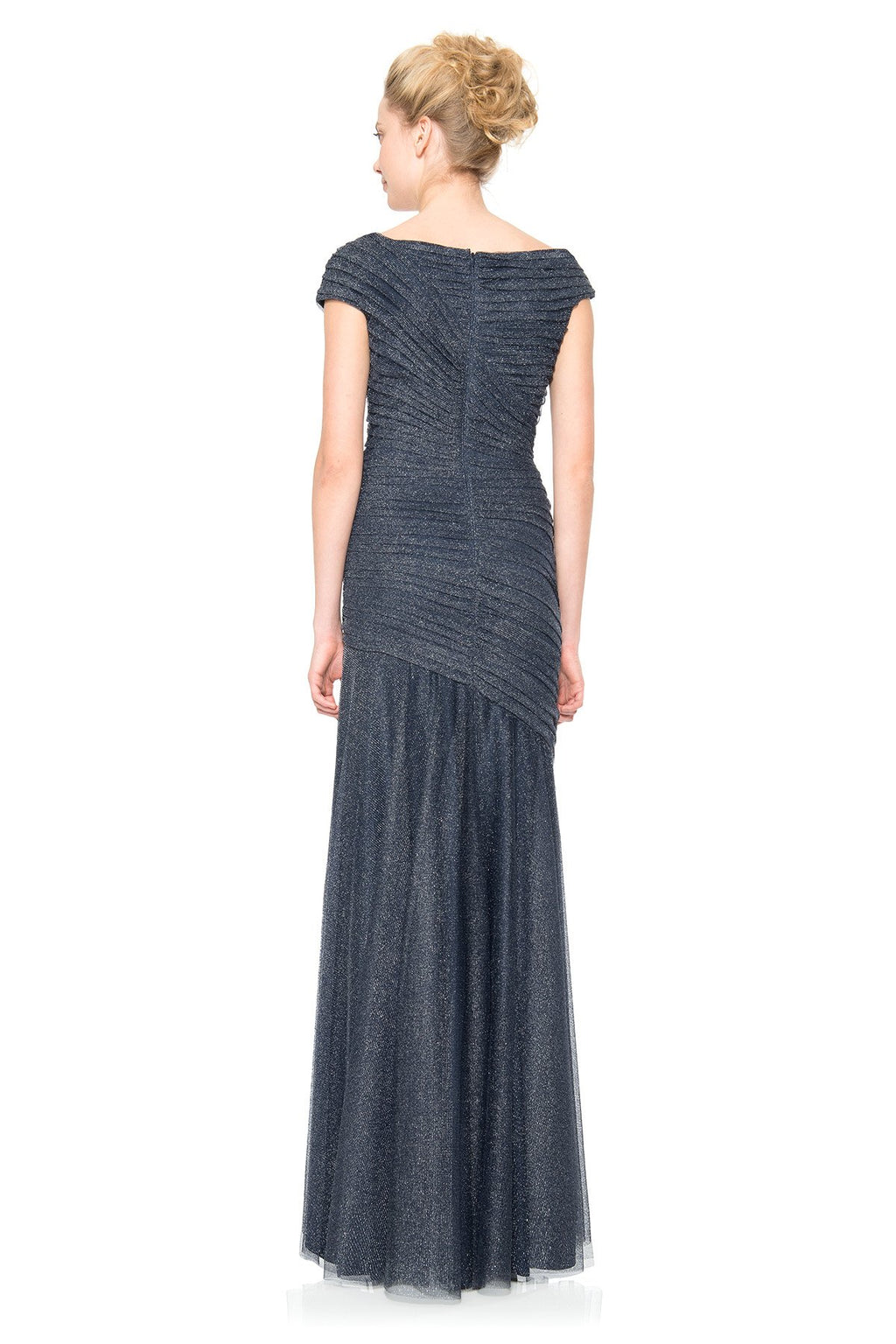 Draped Metallic Tulle Gown in Navy
