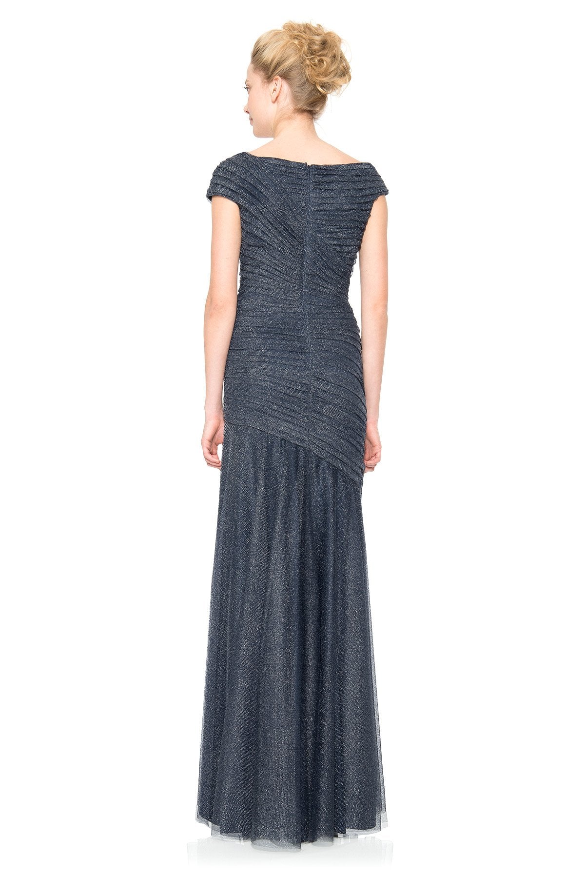 Draped Metallic Tulle Gown in Navy