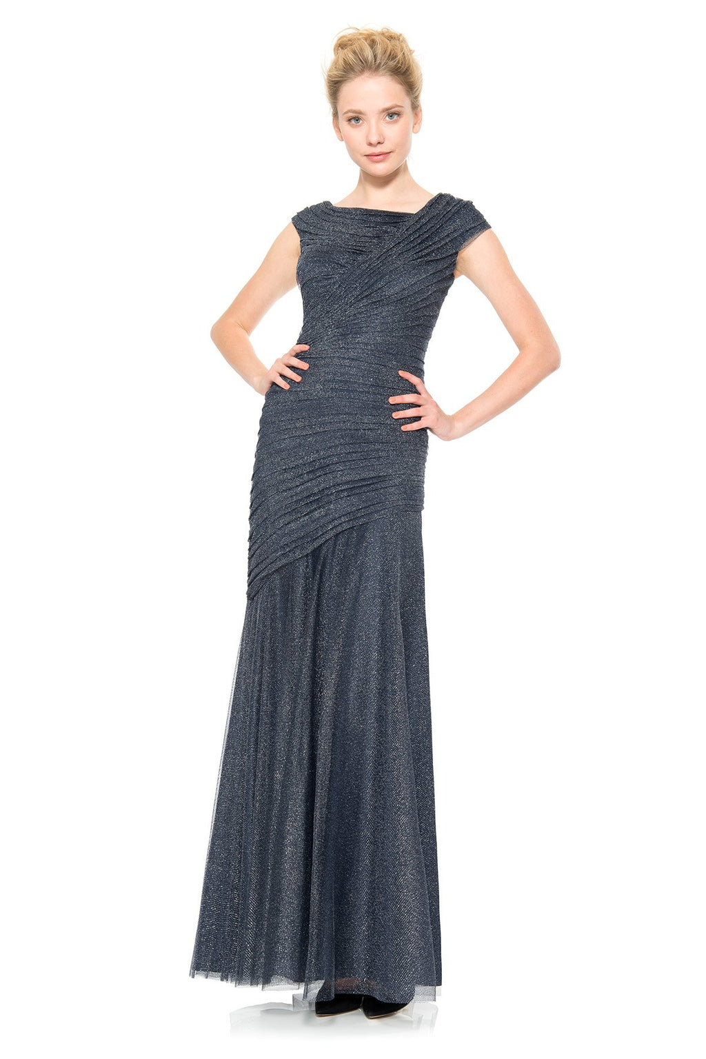 Draped Metallic Tulle Gown in Navy