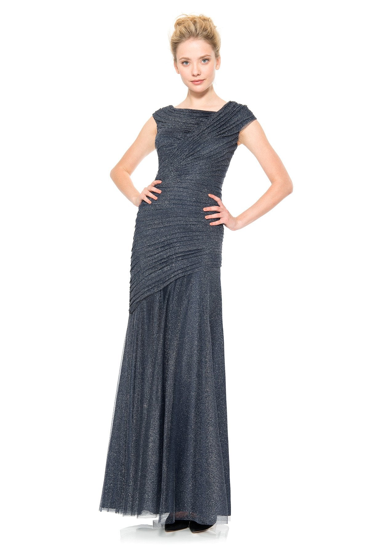 Draped Metallic Tulle Gown in Navy