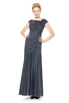 Draped Metallic Tulle Gown in Navy