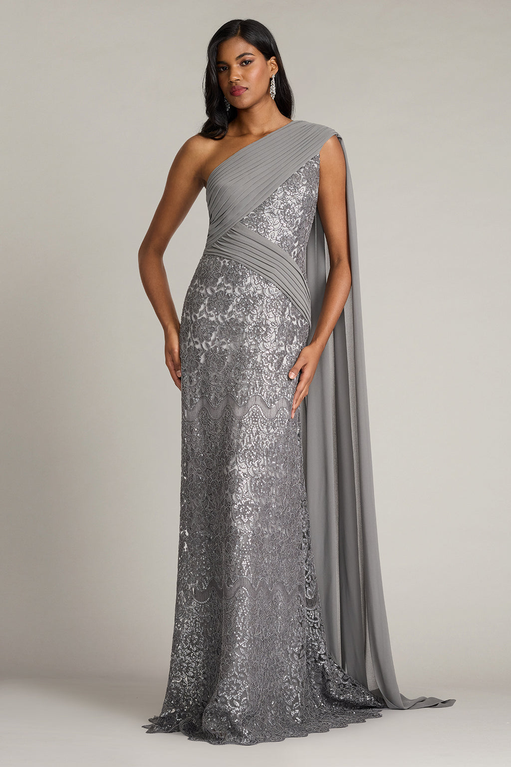 Eamon Draped Sleeve Sequin Embroidered Gown-MIST Front