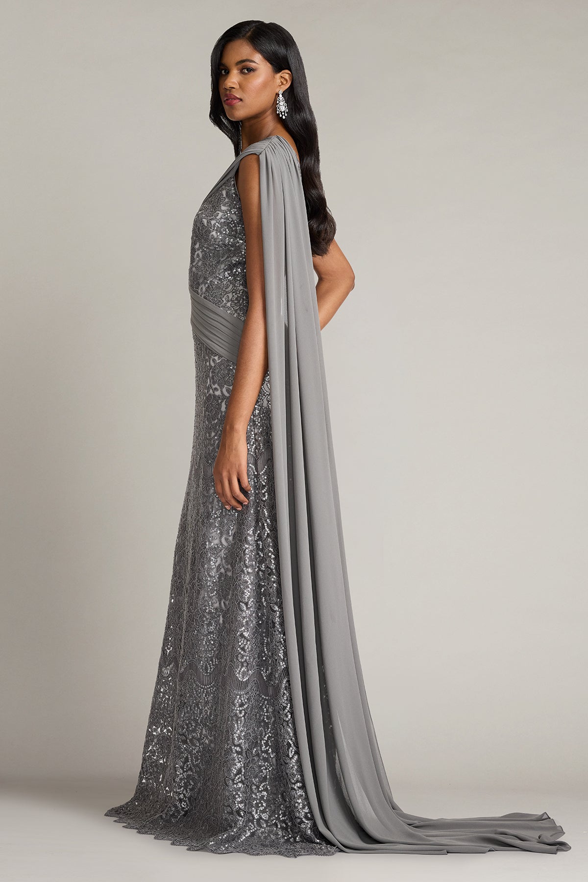 Eamon Draped Sleeve Sequin Embroidered Gown-MIST Side