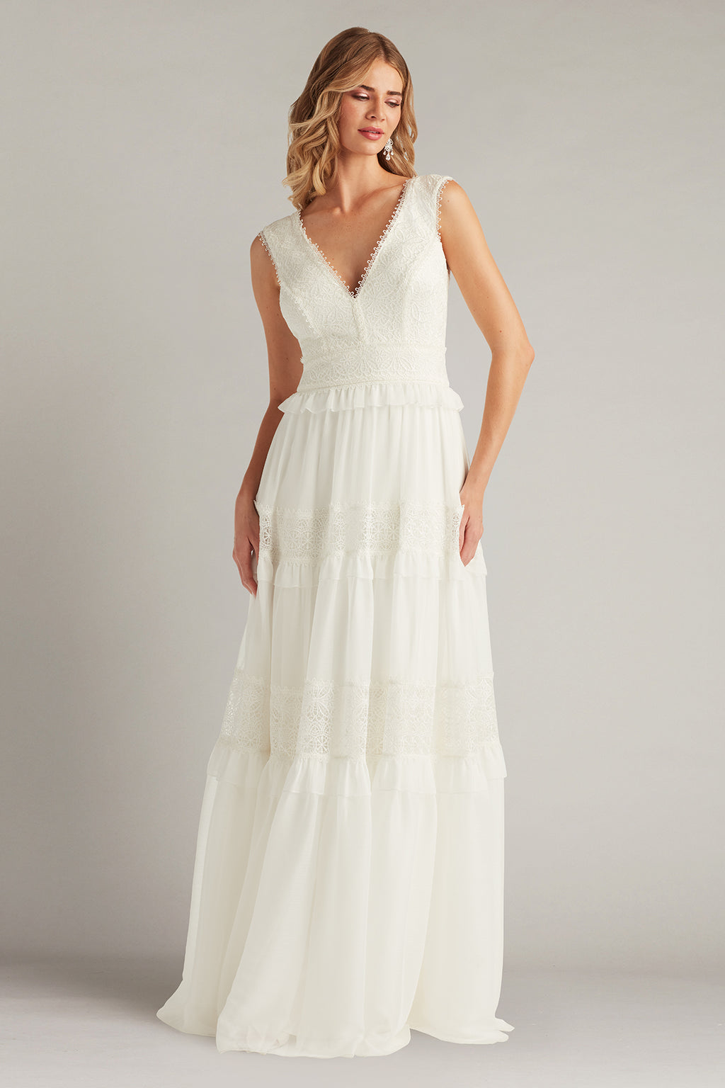 Shiva Tiered Embroidered Tulle Gown-IVORY Front