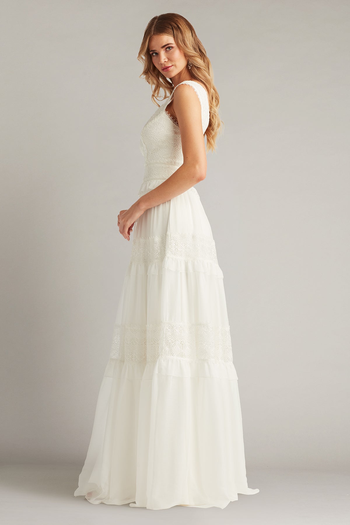 Shiva Tiered Embroidered Tulle Gown-IVORY Side