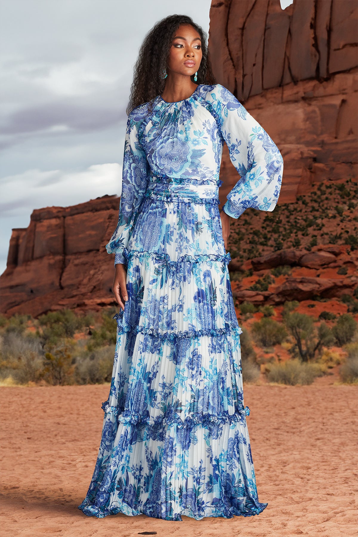 Atlas Pleated Floral Print Gown – Tadashi Shoji Official Online