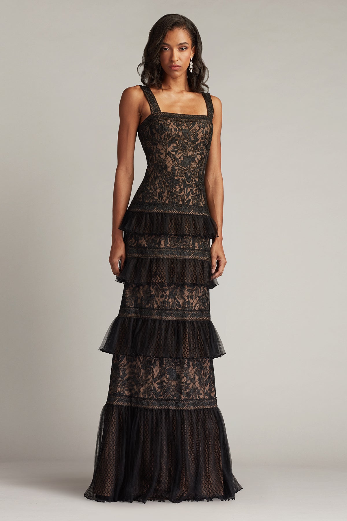 Ruva Tiered Ruffle Embroidered Gown – Tadashi Shoji Official
