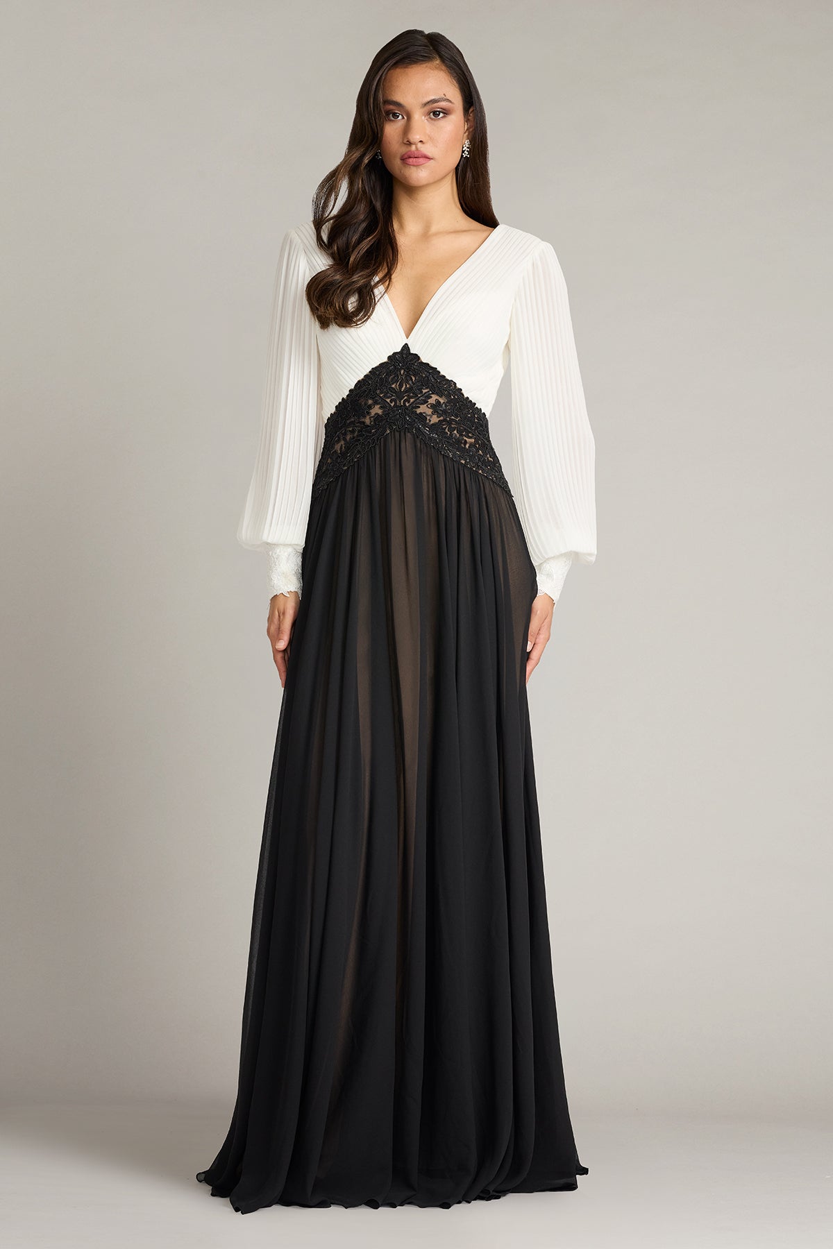 Benulo Pleated Embroidered Waist Gown-IV/BK Front
