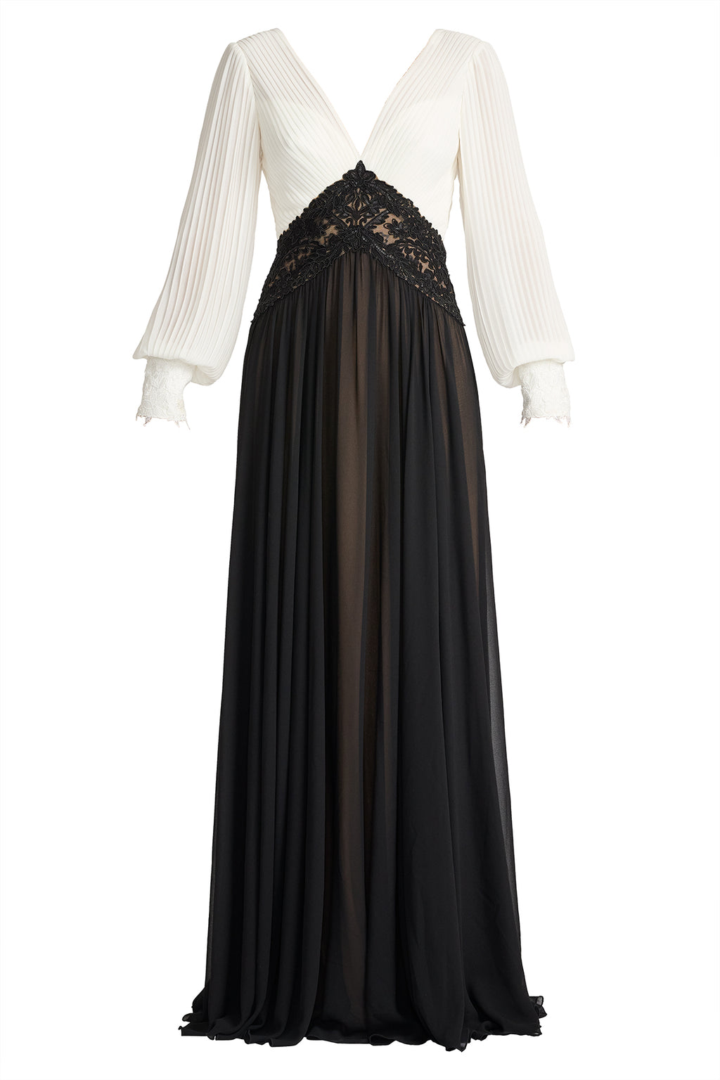 Benulo Pleated Embroidered Waist Gown-IV/BK Ghost